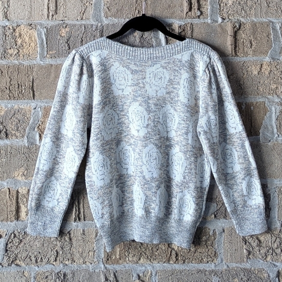 VTG 70s Neutral Pastel Roses Pinup Sweater Puff Sleeve Wide Neck XS Coquette - Picture 5 of 5
